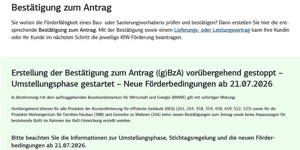 KfW informiert über Pause bei Bestätigung zum Antrag BzA – neue Förderbedingungen ab 21.7.2026