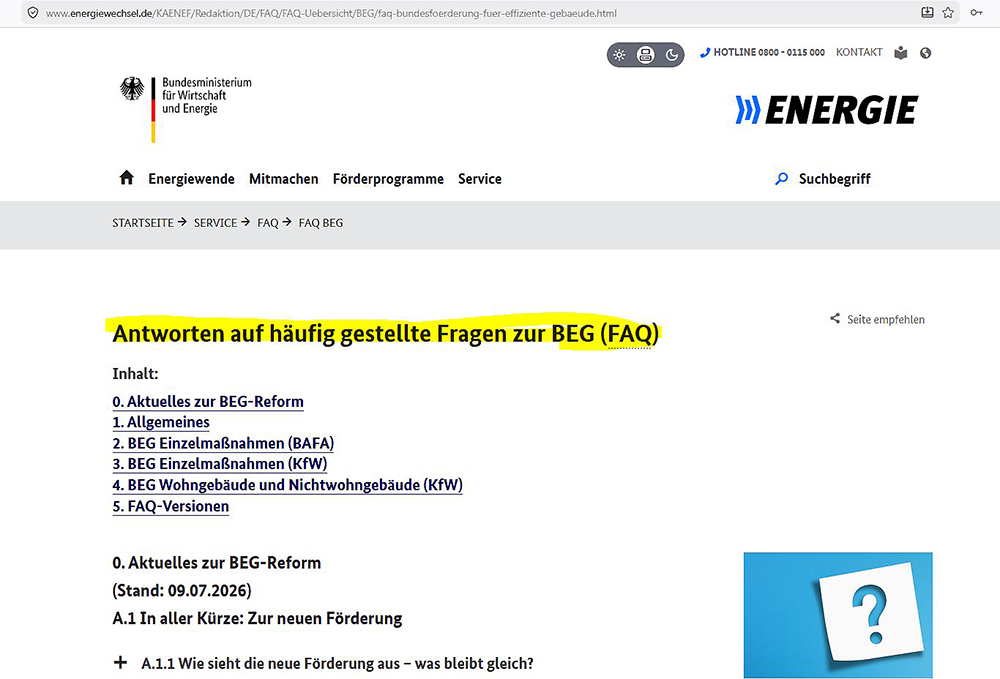 Website zum »Energiewechsel« vom Bundesministerium für Wirtschaft und Energie: Einstieg zu »Fragen und Antworten« über Bundesförderung für effiziente Gebäude BEG