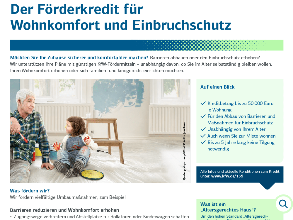 Ausschnitt vom Deckblatt einer Broschüre zum KfW-Förderprogramm Nr. 159 »Altersgerecht Umbauen – Kredit« mit Textstück und Bild eines älteren Mannes mit kleinem Enkel und Werkzeug für Malerarbeiten