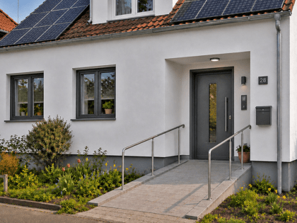 Großzügiger Hauseingang symbolysiert einfache Zugangsmöglichkeiten – zu einem Haus mit weißem Putz, Solaranlage auf dem Dach, einer edel dunklen Haustür und einem leicht ansteigenden Zugangsweg mit Geländer und geringer Steigung