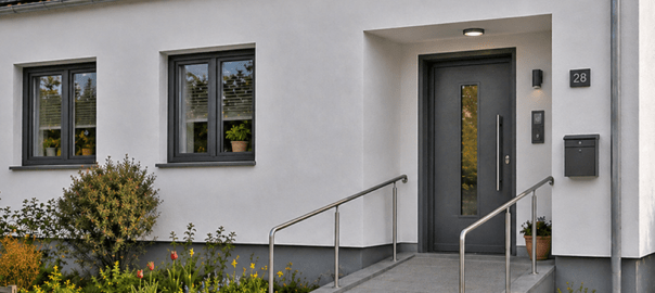 Großzügiger Hauseingang symbolysiert einfache Zugangsmöglichkeiten – zu einem Haus mit weißem Putz, Solaranlage auf dem Dach, einer edel dunklen Haustür und einem leicht ansteigenden Zugangsweg mit Geländer und geringer Steigung