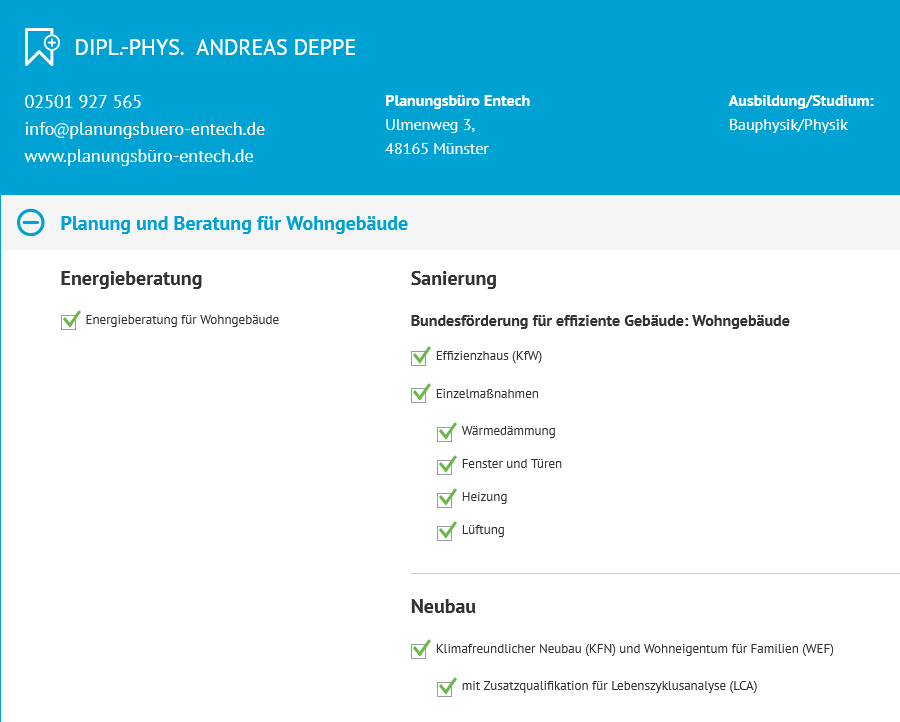 Von Andreas Deppe Kategorie für LCA im Auszug der Liste »EnergieeffizienzExperten für Förderprogramme des Bundes«